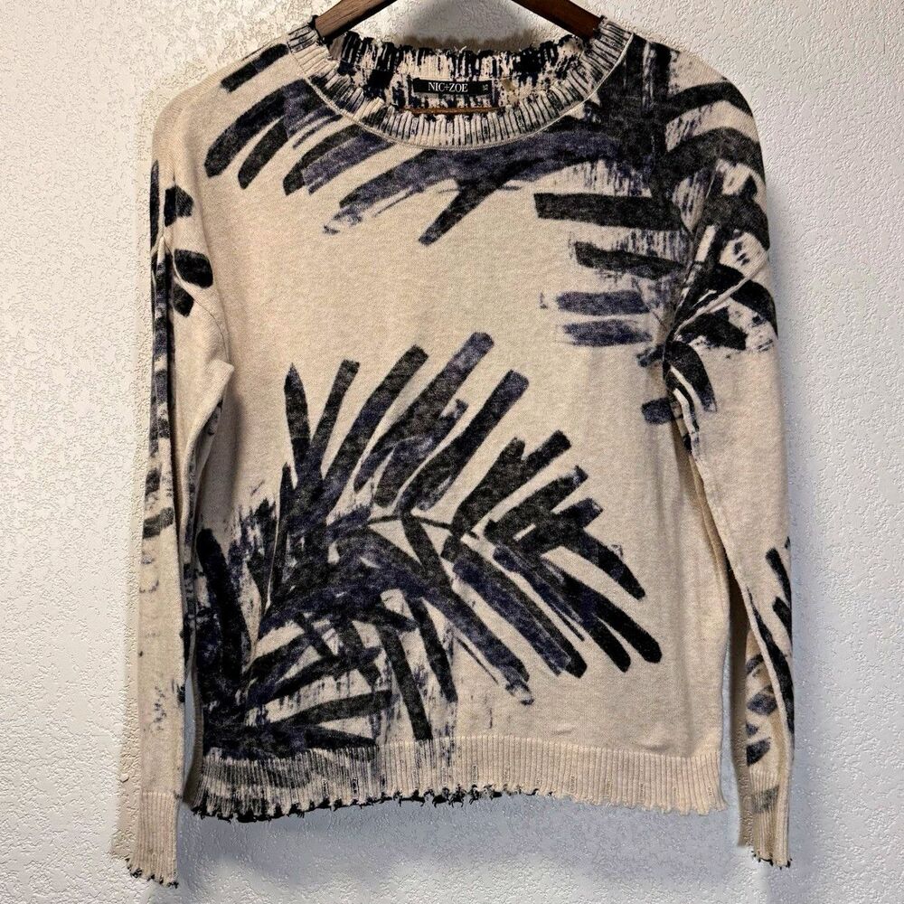 NIC+ZOE Women's XS Ivory Blue Palm Leaf Print Cotton Distressed Knit Sweater